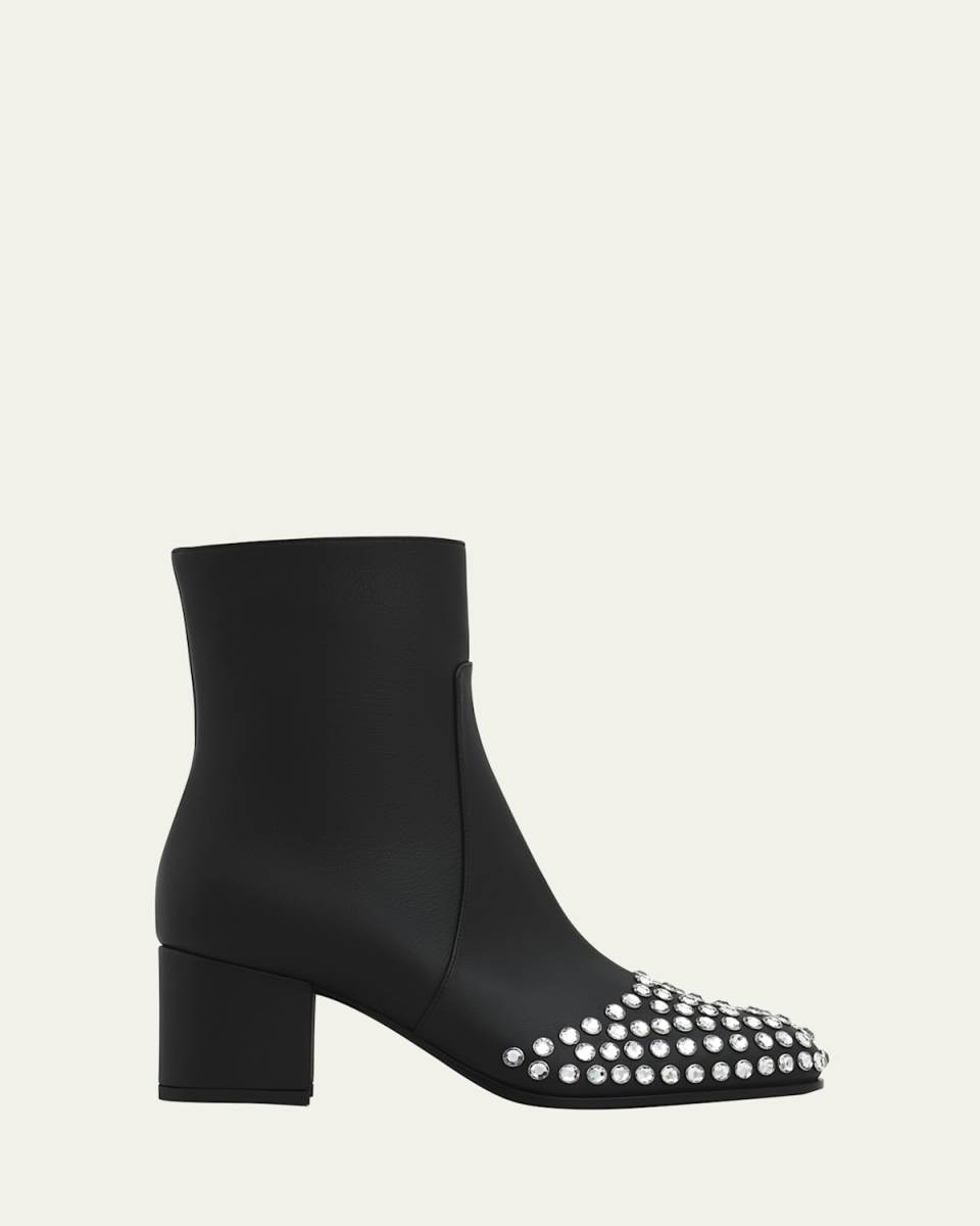 Leather Crystal Stud Cap-Toe Ankle Booties